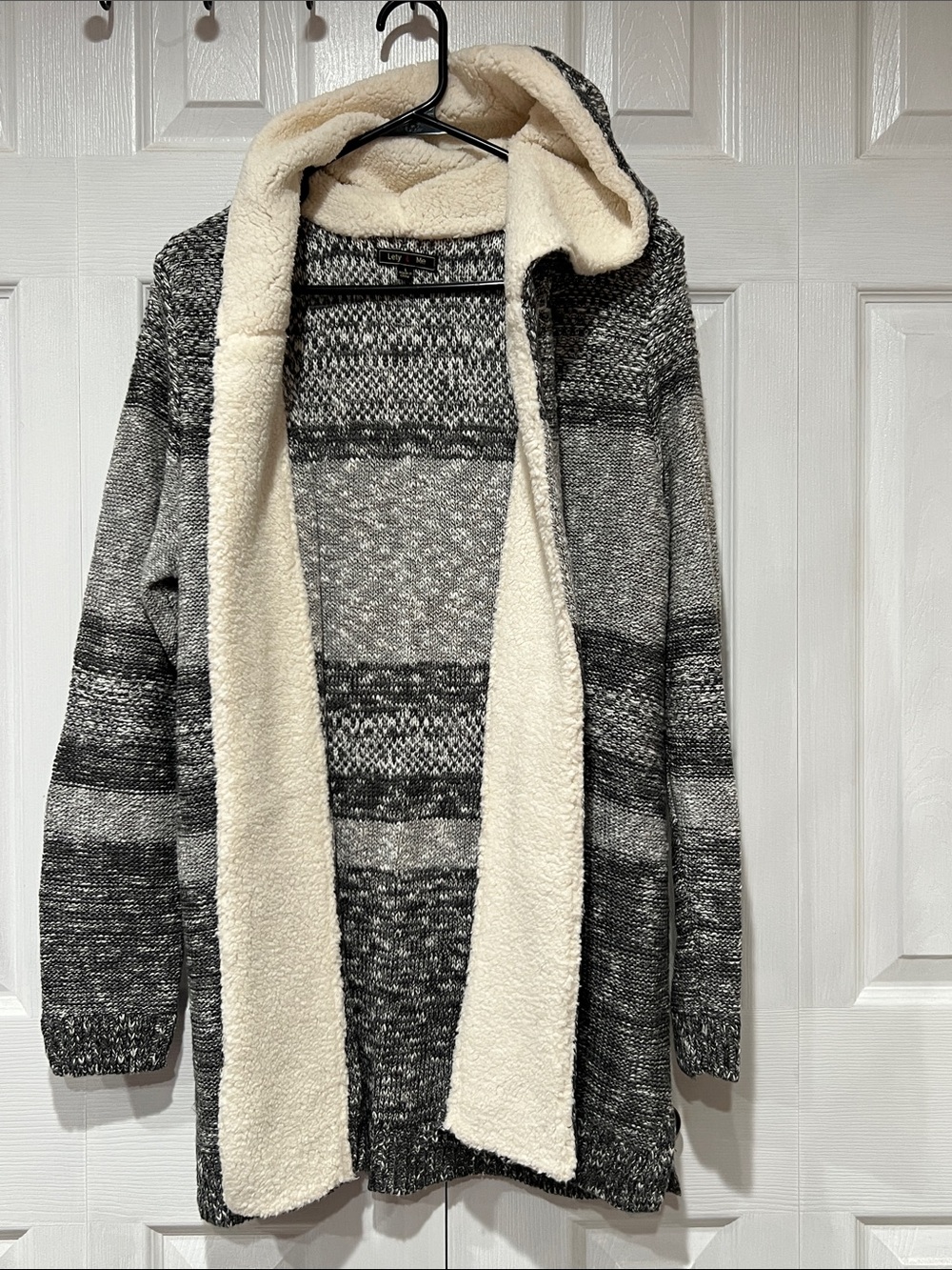 Sherpa-Lined Hooded Women's Cardigan Sweater - Black & Gray